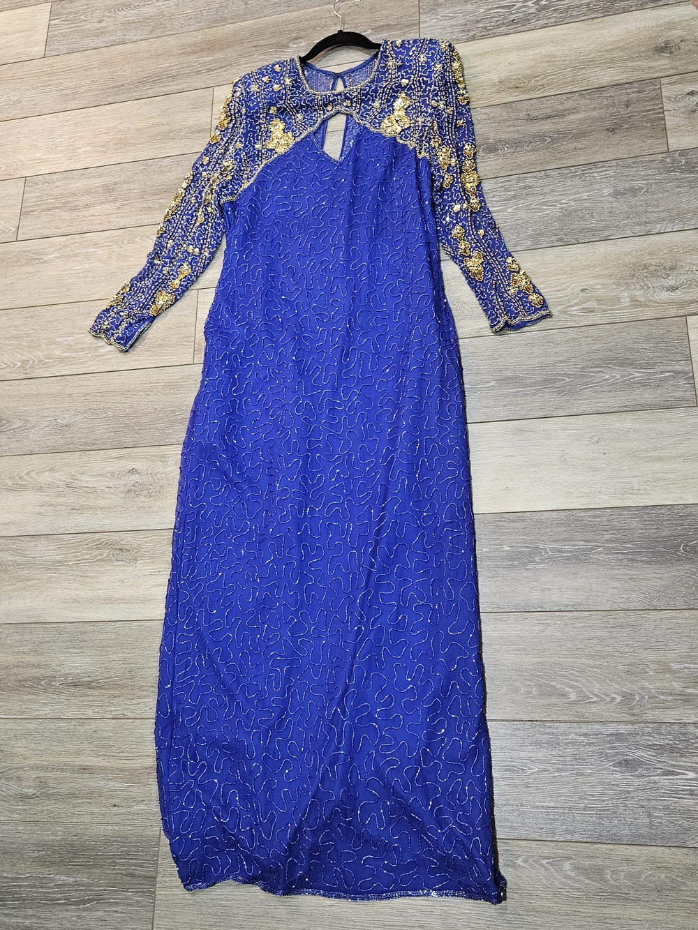 Laurence Kazar Vintage Royal Blue Maxi Dress with Gold Embellished Yoke